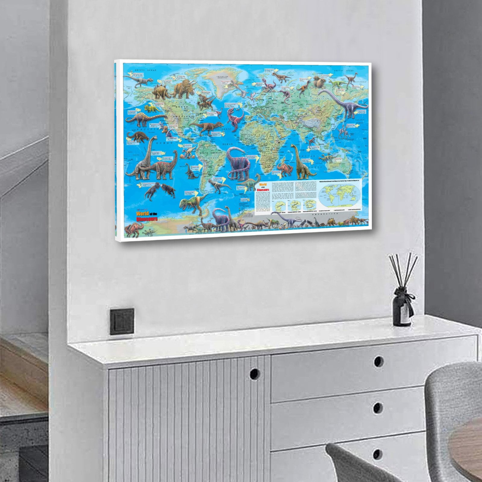 Dinosaur Map of The World Poster Decorative Painting Canvas Wall Art Living Room Posters Bedroom Painting 24x36inch(60x90cm)