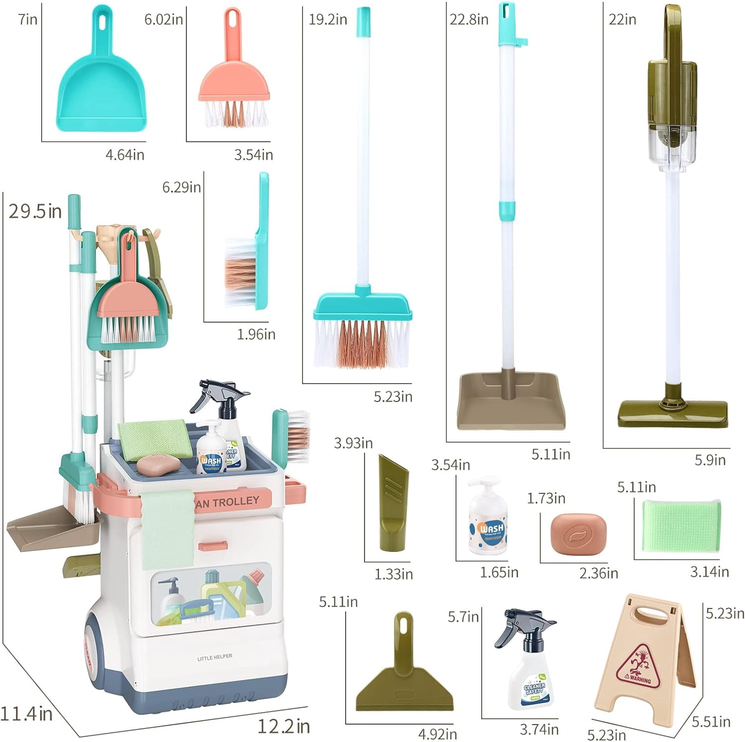 Valessati Plastic Cleaning Cart Playset, 20 Pieces, Working Vacuum, Mop & Broom, Ages 3+