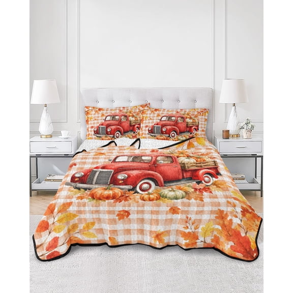 Twin Quilt Bedding Set Farmhouse Red Truck Pumpkin Summer Quilt Lightweight Quilted Coverlet with 2 Pillow Shams, Thanksgiving Fall Leaf Orange Plaid 3-Piece Bedspread Quilt Set for All Season