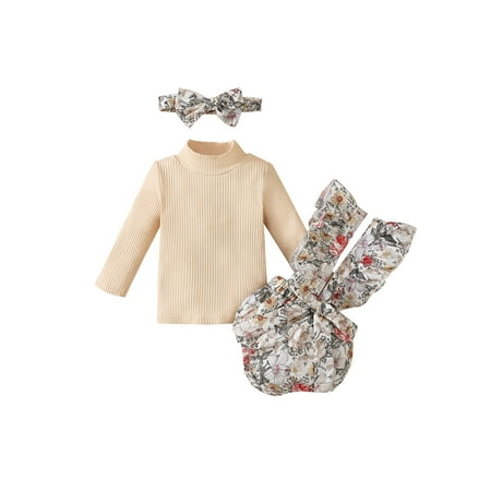 

Beixinder Infant Girl Hairband + Tops + Overalls Floral Print Elastic Waist Bow Decoration Spring Clothing
