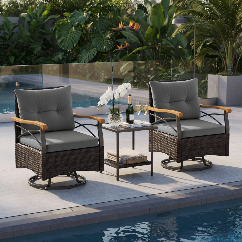 Hommoo 3-Piece Outdoor Swivel Chair Set with Tempered Glass Side Table, Cushions, PE Rattan, Acacia Wood Armrests, Gray