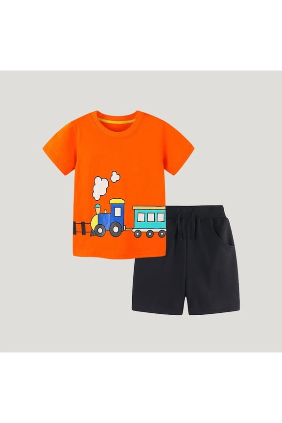 Little Boys Loungewear Set Cute Train Print Short Sleeve Top and Shorts 2-Piece Home Wear House Suit Toddler Casual Daily Clothing Set 2-8Y