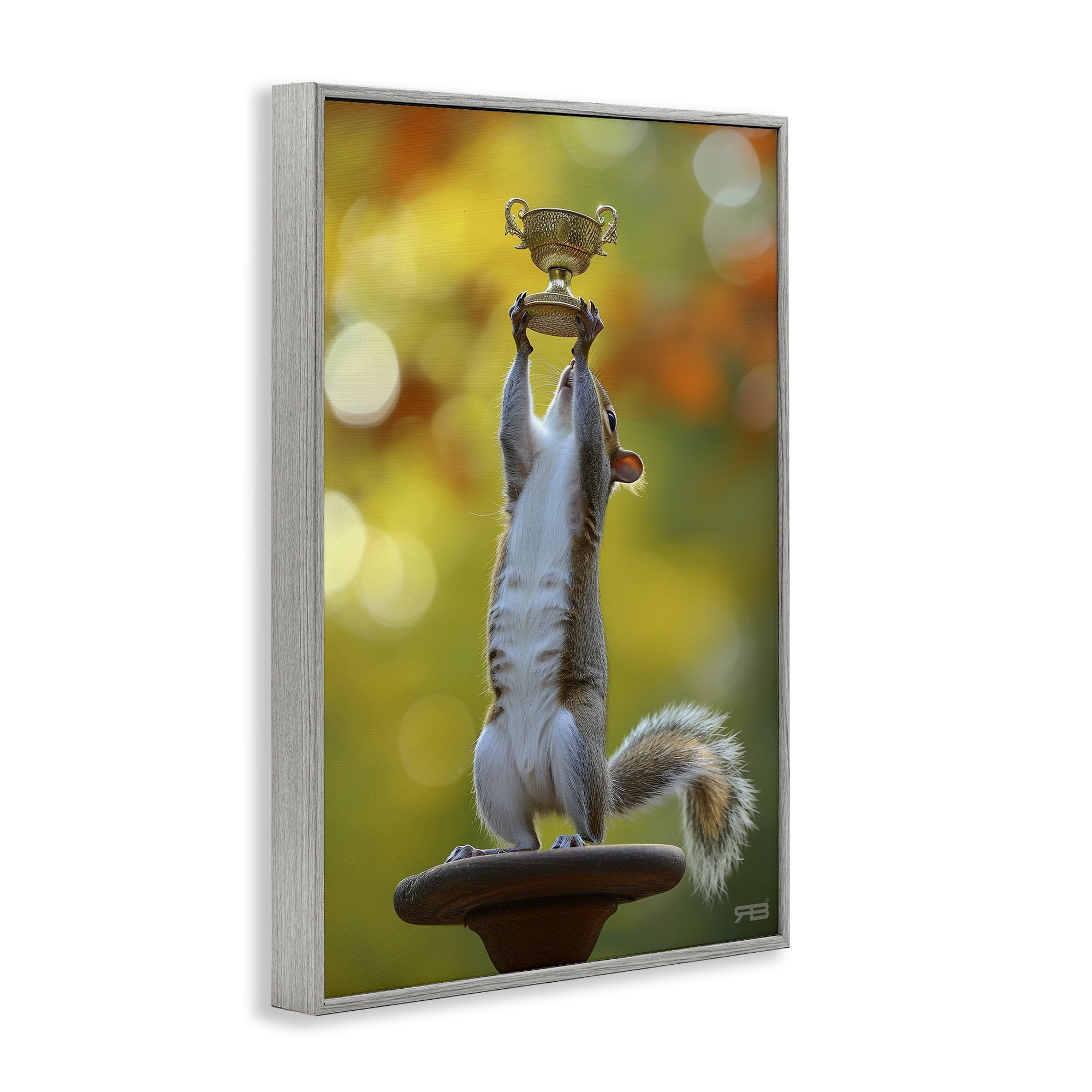 Stupell Industries Squirrel Holding Trophy Novelty Painting Gray Framed Art Print Wall Art, 20 x 30