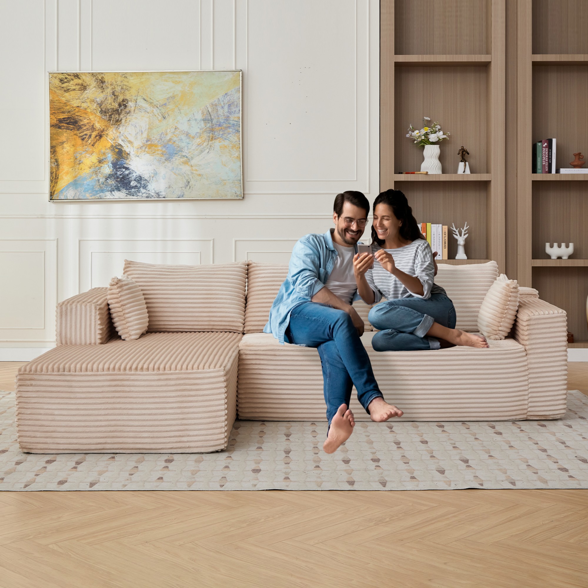 L-Shape Sectional Sofa Couch with Comfy Chaise,Modular Compression Sectional Couch with Deep Seat,Corduroy Sleeper Sofa Couches for Living Room Bedroom Apartment,Beige