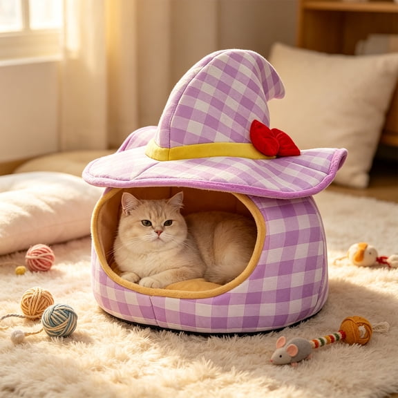 Witch Hat Shaped Pet Bed, Enclosed Warm Cat & Small Dog Sleeping Hut with Removable Cover