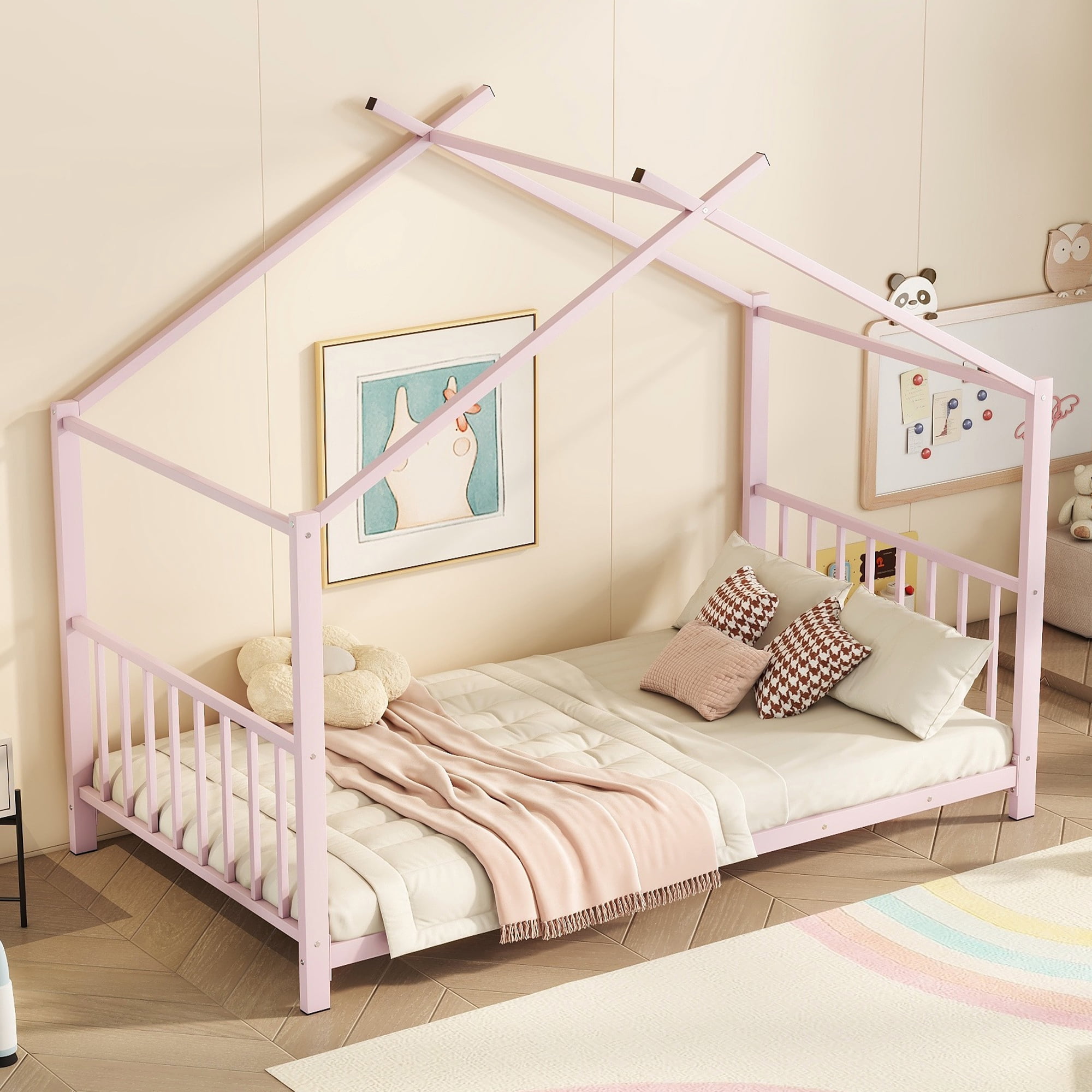 Kumix Twin Size House Floor Bed, Metal Floor Bed with Fence and Roof, House Bed for Teens, Playhouse Twin Bed Frame for Girls, Boys, Pink(Without Slats)