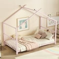 thumbnail image 3 of Harper & Bright Designs Twin Size Metal House-Shaped Floor Bed with Roof, Modern Sturdy Montessori Platform Bed Frame, Pink, 3 of 10