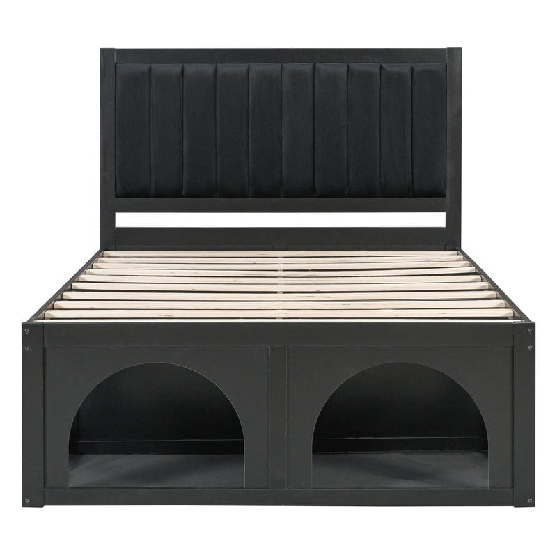 Full Size Pet-Friendly Platform Bed with Under-Bed Pet Nooks, Heavy Duty Wooden Storage Bed Frame with Padded Headboard