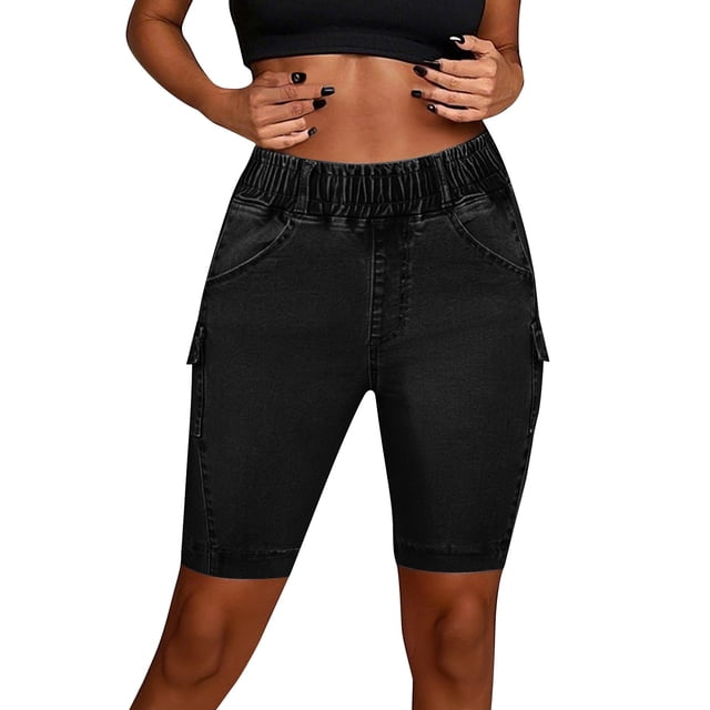 Pantalones cortos vaqueros de verano de cintura alta para mujer: pierna recta, estilo informal, poliéster y algodón, cintura elástica, tallas S-XL