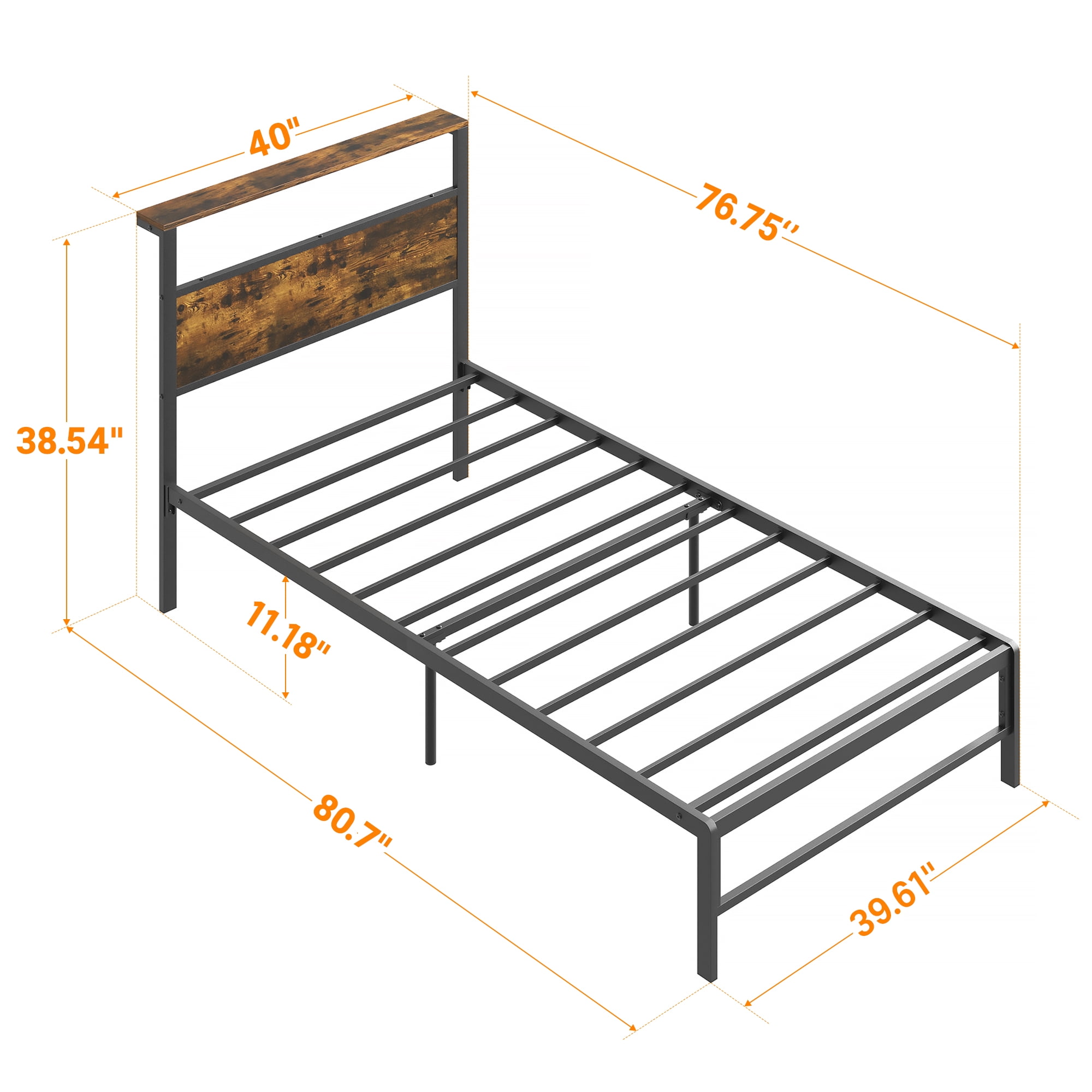 Yoneston Kids Twin Size Metal Platform Bed Frame with Storage Headboard, 12" Mattress Foundation for Childs Adults, Caramel Brown
