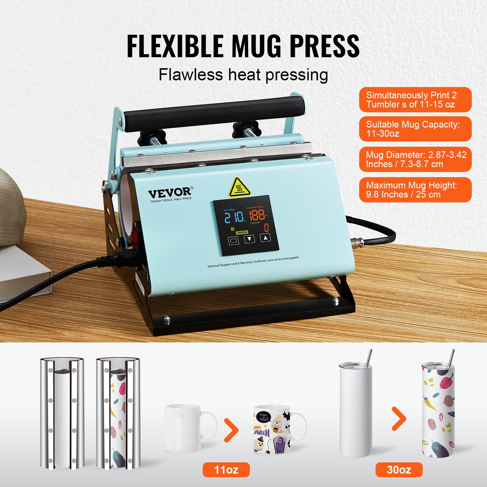VEVOR 2 in 1 Tumbler and Hat Heat Press Machine, Mini Hat Heat Press for Caps and Hats, Tumbler Heat Press for 11-30oz Sublimation Tumblers and Mugs, Temperature and Time Control, Green