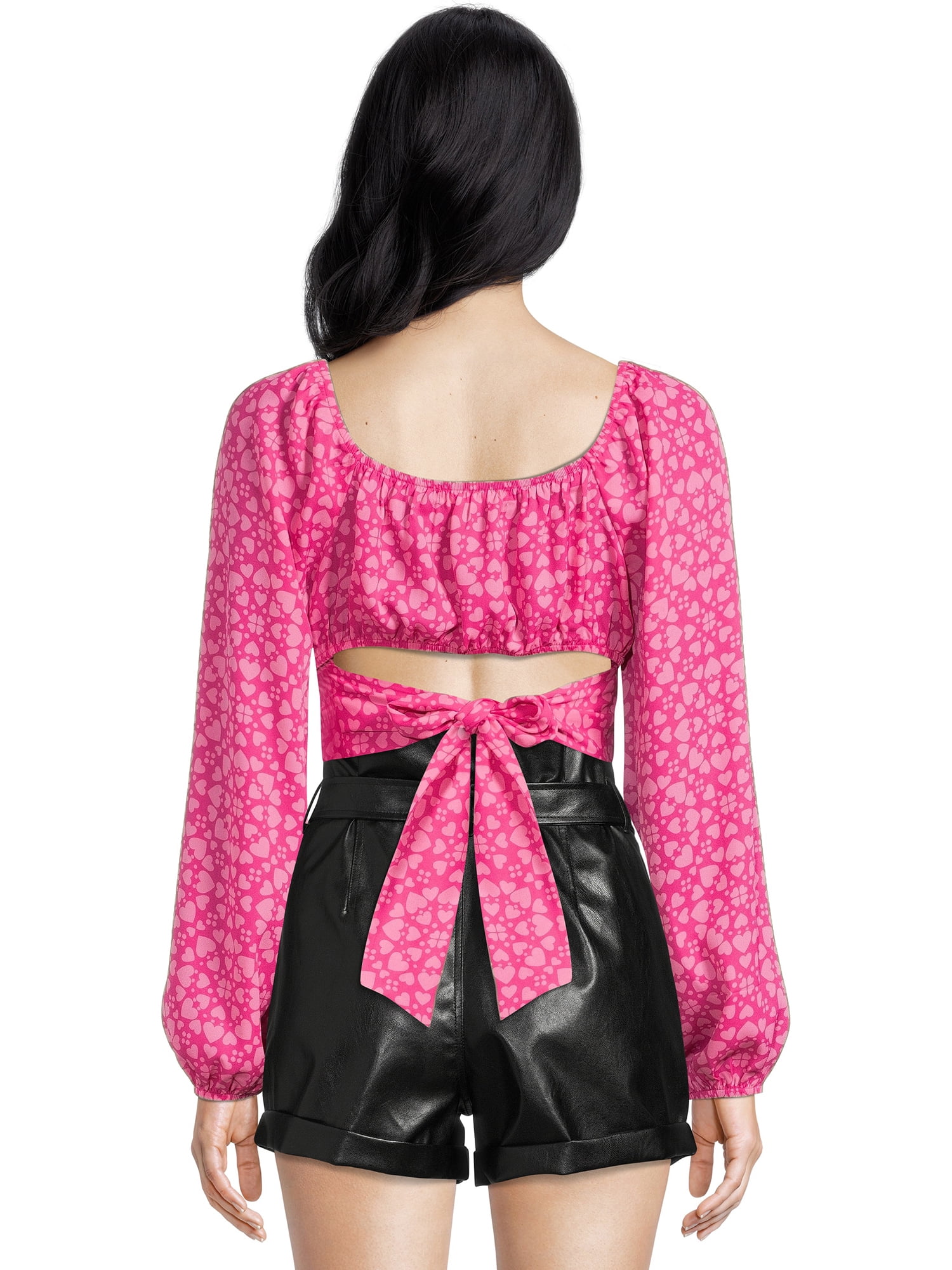 Madden NYC Women's Juniors Cropped Tie-Back Blouson Sleeves