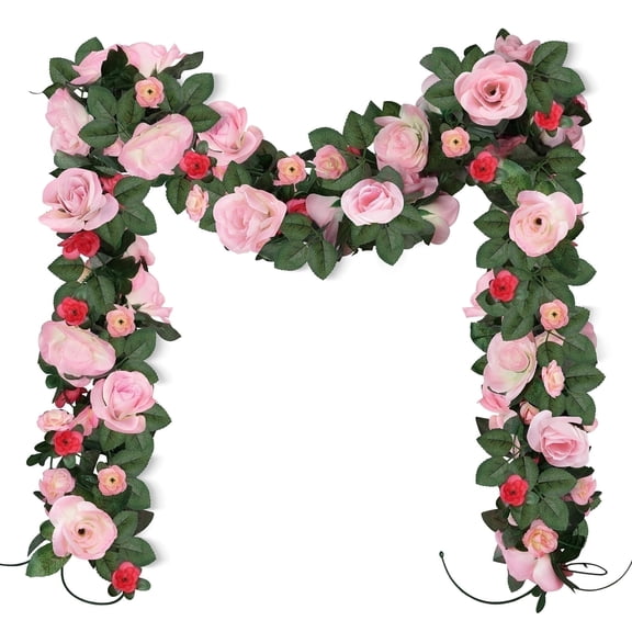 YOLETO Fake Flower Vines 4-Pack Artificial Roses Garlands for Home Wall Wedding Decor (Mix Pink)