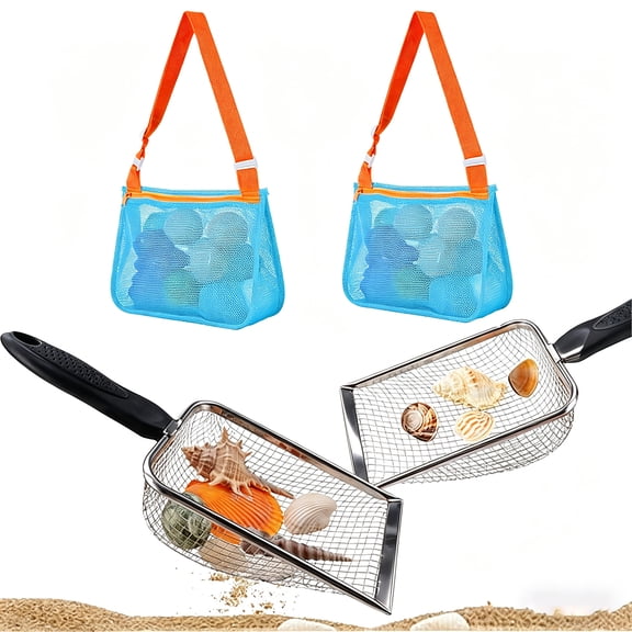 2 Pcs Sand Sifter for Beach, Mesh Shovel & 2 Mesh Bags, Shell Collecting Tool