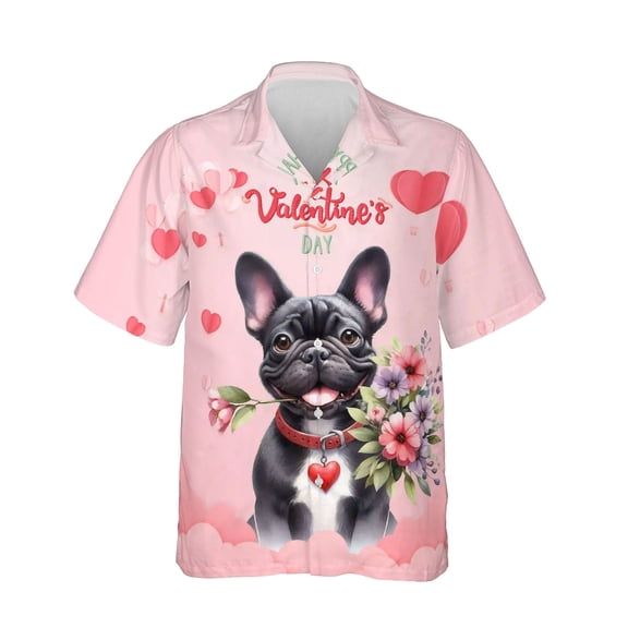 Happy Valentine's Day French Bulldog holding flowers Hawaiian Shirt Breathable Summer Unisex Merch Dog Lover Gifts - 3005