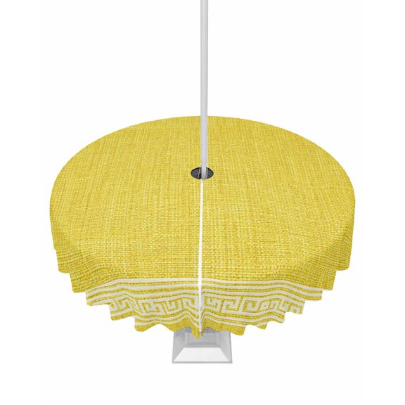 Outdoor Tablecloth with Umbrella Hole and Zipper Yellow Linen Key Design Round Tablecloths 60 Inch Waterproof Geometric Back Print Patio Table Cover for Outdoor Tables Picnic BBQS Party Decor