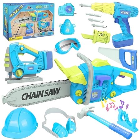 ENP Kids Tool Set Electric Drill Chainsaw Tools Kit for Toddler Tool Playset Kit for Boys Girls 3 4 5 6 Gift for Kids 3+ Blue