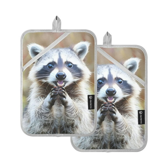 Hands Folded Raccoon Oven Mitts 2 Pcs Pot Holders Sets Heat Resistant for Kitchen Cooking Baking 7"x9.8"
