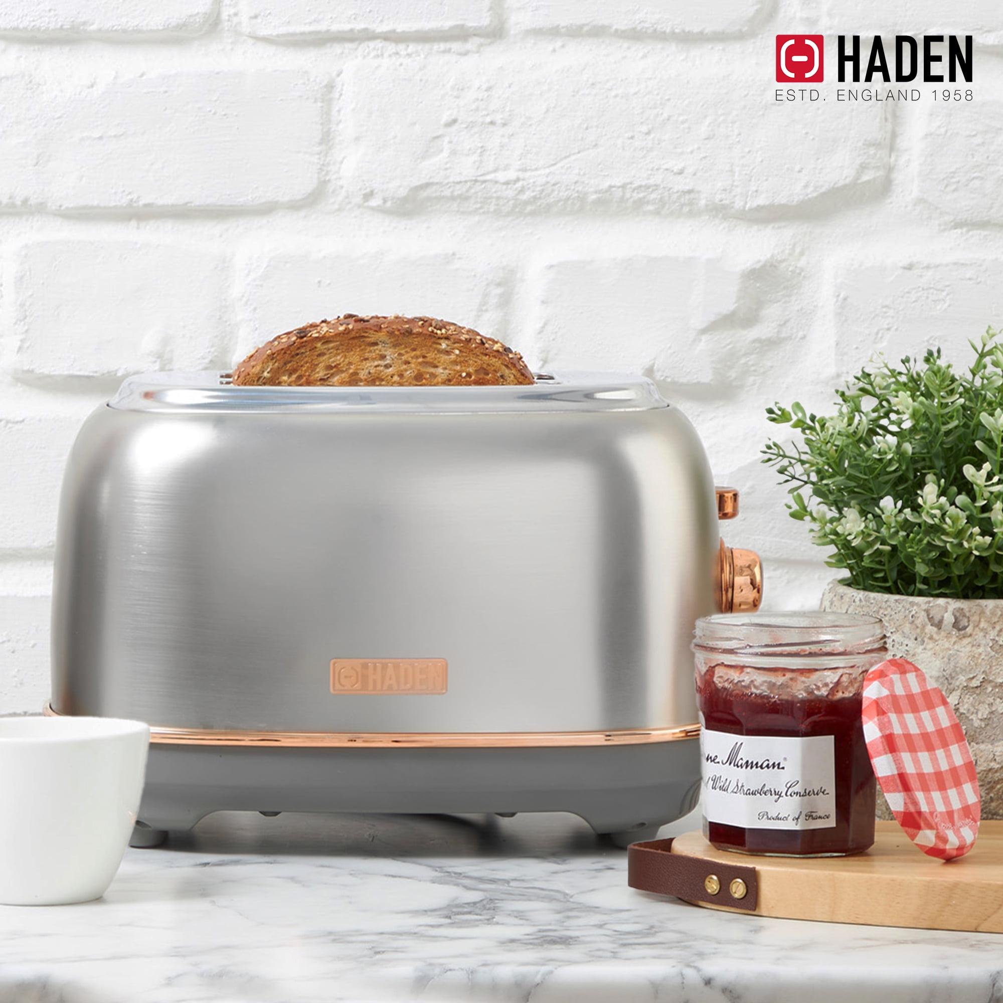 Open Box Haden 2 Slice Wide Slot Toaster w/Removable Crumb Tray, Steel/Copper