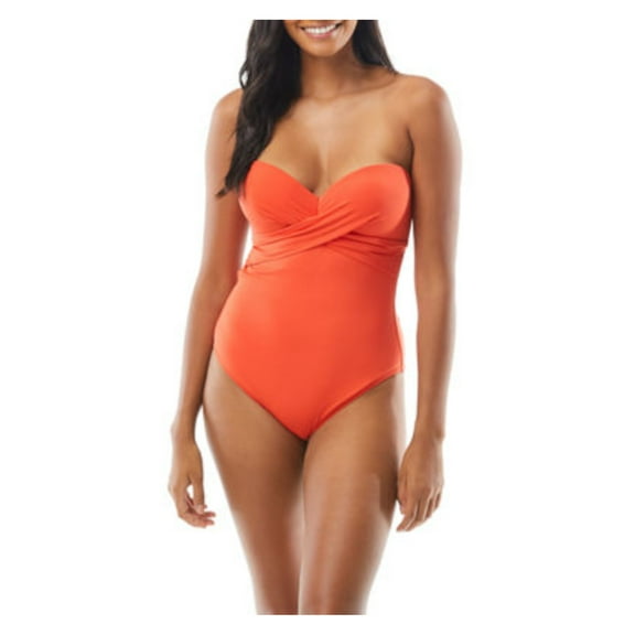 KATE SPADE NEW YORK Women's Orange Stretch Moderate Coverage Molded Cup Bandeau One Piece Swimsuit L