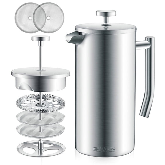 French Press Coffee Maker 34 oz, 304 Stainless Steel Double Wall Coffee Press, Dishwasher Safe Silver French Press with 4 Level Filtration and Extra Filters for Coffee and Tea, by Belwares