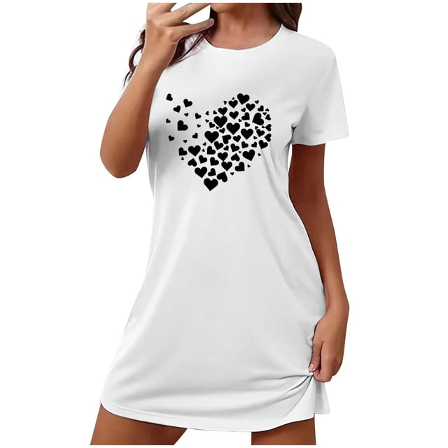 PEZHADA Chemises de Nuit pour Femmes Coton Doux Chemise de Nuit Courte Surdimensionnée pour Femmes Mode Imprimé Poitrine Robe de Nuit à Manches Courtes Chemises de Nuit à Manches Courtes pour Femmes Chemises à Manches Courtes pour Femmes