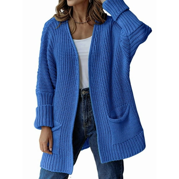 Women'S Long Sleeve Sweaters Coat Loose Knit Cable Open Front Cardigan Sweater Outerwear Coat with Pockets Blue XL