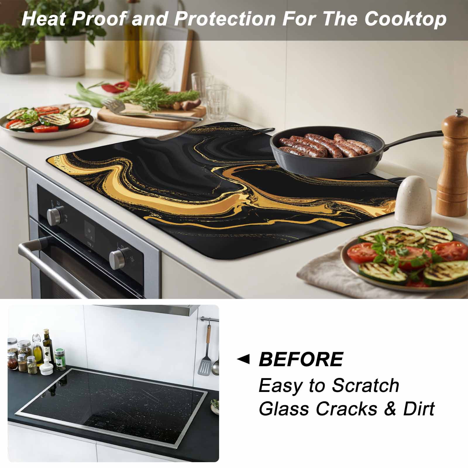 Marble Black Stove Top Cover for Electric Stove, Heat-proof & Non Slip Glass Top Stove Cover Protector, Vintage Gold Art Abstract Farmhouse Kitchen Flat Cooktop Rubber Mat 24x21 Inches