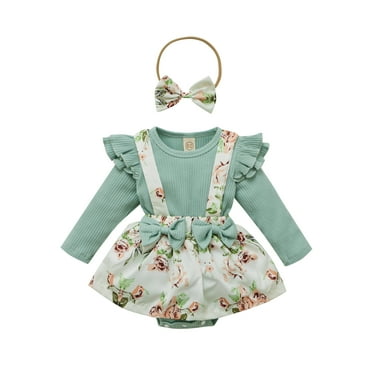 Xingqing Vêtements pour Nouveau-Né Filles Barboteuse à Manches Longues à Volants + Bandeau Ensemble 2 Pcs Vert 0-3 Mois