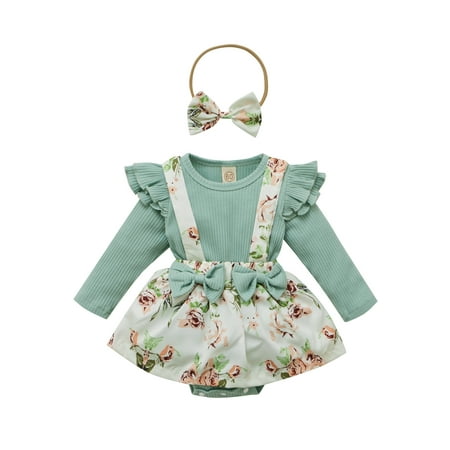 

Baby Girl Ribbed Fly Sleeve Round Neck T-shirt + Flower Print Overalls with Bowknot + Headband Set