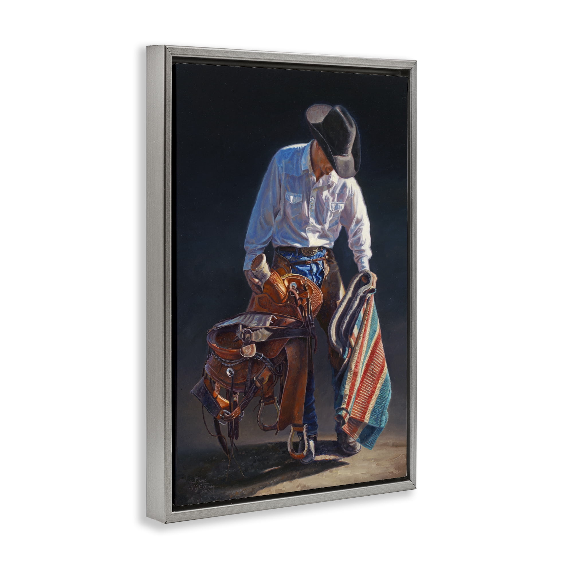 Stupell Industries Stoic Cowboy & Saddle Novelty Painting Gray Floater Framed Canvas Art Print Wall Art, 21 x 31