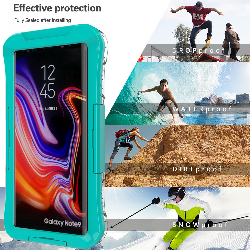 Waterproof Fully Sealed Hard Case For Samsung Galaxy Note 9 With Plastic Screen Protector Cover For Swimming, Beach, Camping, Vacation Outdoor Use (Aqua)