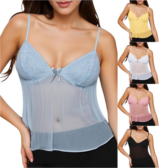 Xijirk Women Spaghetti Strap Camisole Lace V Neck Sheer Mesh Sleeveless Tank Top for Nightwear Daily Casual Outfit,Blue,L