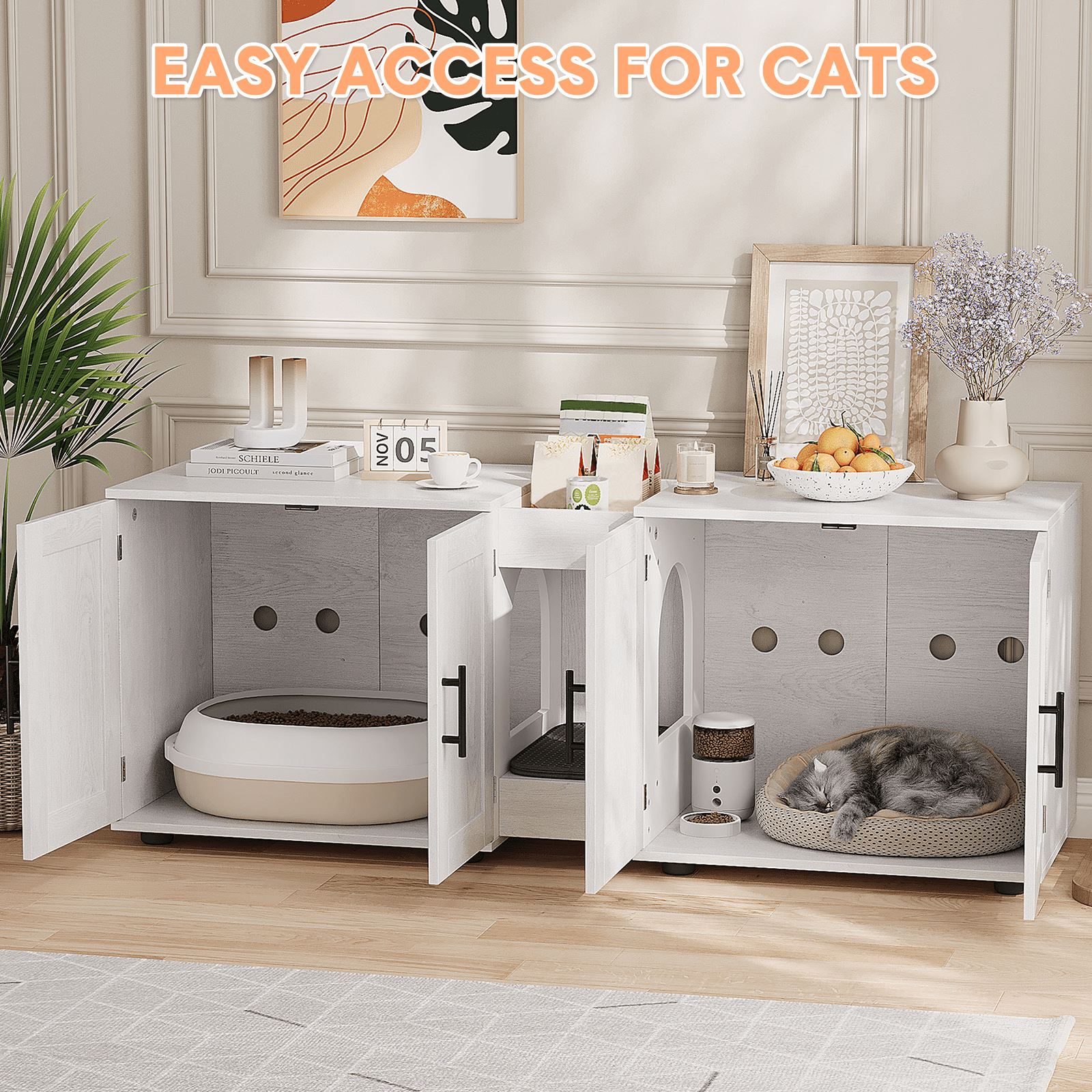 3-in-1Cat Litter Box Enclosure, 55 Inch Large Cat Box Enclosure with Double Rooms, Farmhouse Wooden Cat Washroom, Hidden Litter Box Furniture for Bedroom Living Room