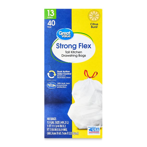 Great Value Strong Flex 13Gallon Drawstring Tall Kitchen Trash Bags