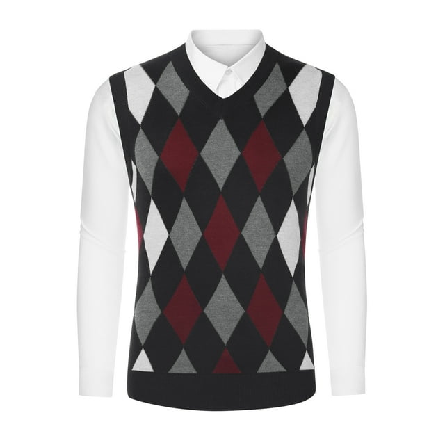 Unique Bargains Chandail Sans Manches Décontracté pour Homme à Col en V, Coupe Ajustée, Style Argyle, Tricot, Noir Rouge, P