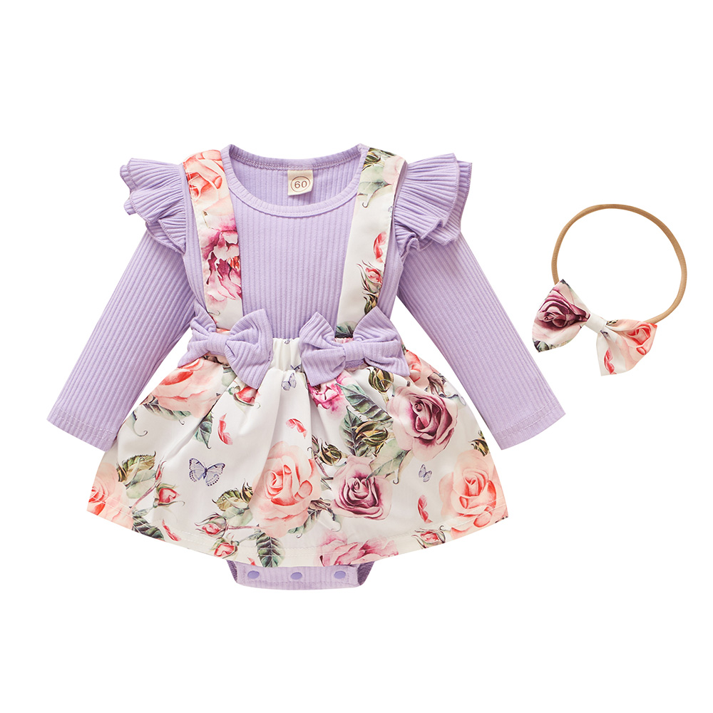 ZNU Baby Girls Knitted Floral Print Ruffled Romper Tutu Dress 2PCS