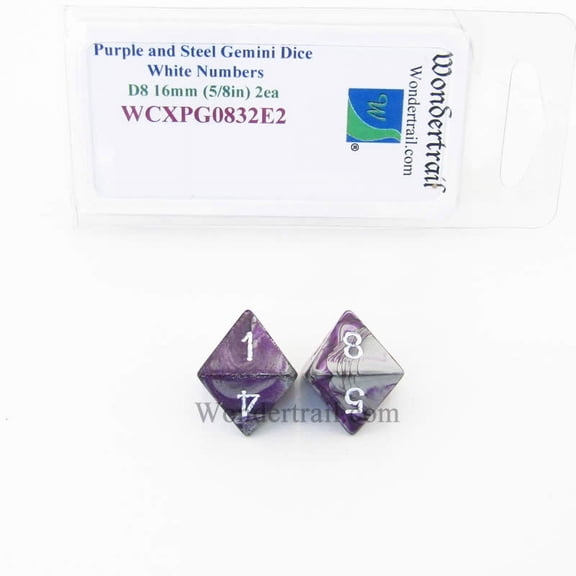 Purple and Steel Gemini Dice with White Numbers D8 Aprox 16mm (5/8in) Pack of 2 Wondertrail