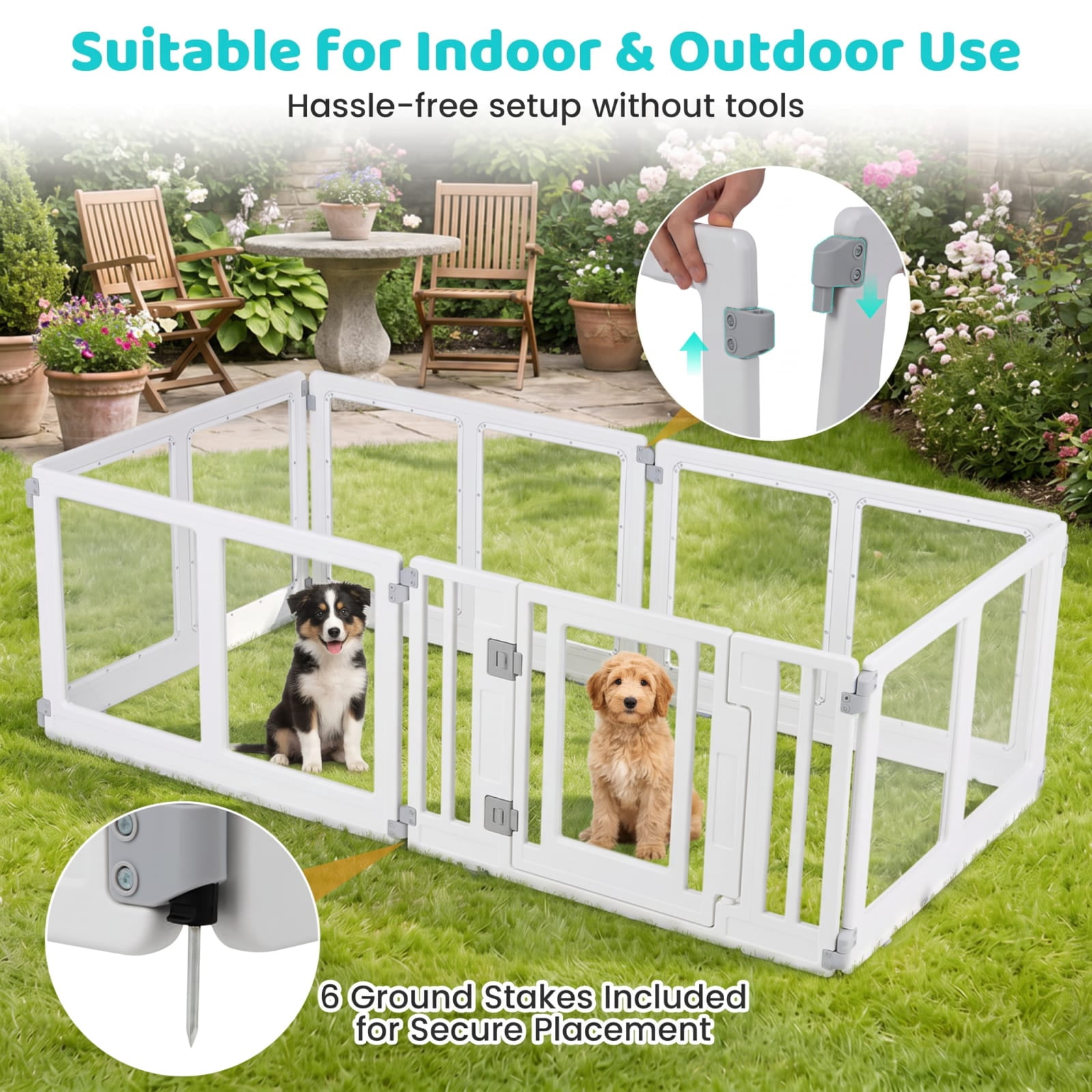 Vebreda 6-Panel Clear Plastic Dog Playpen with Secure Locking Door, See-Through Foldable Pet Pen for Puppies & Small Dogs, Indoor Portable Exercise Fence, Easy-Clean Tool-Free Setup