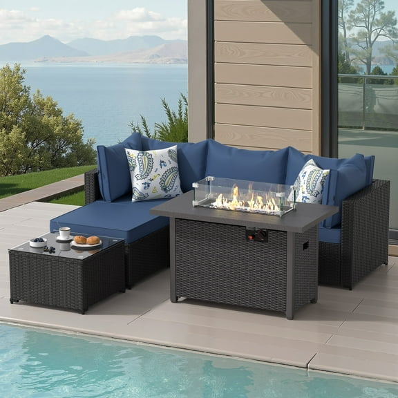6 PCS Patio Furniture Sets w/ 42" Fire Pit Table Outdoor Conversation Sectional Sofa w/ 50000 BTU Propane Fire Pit Weaving Wicker Rattan Patio Conversation Set With Ottoman, Cushion And Coffee Table