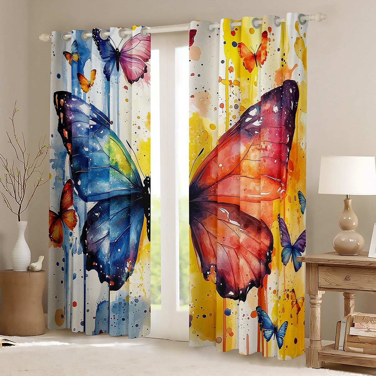 Feelyou Blue Orange Butterfly Curtains Pack of 2 (42x84 Each), Artwork Watercolor Curtains Blackout, Cartoon Animal Bedroom Curtains, Window Curtains Decor