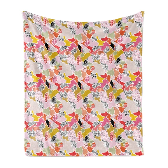 Abstract Soft Flannel Fleece Blanket, Contemporary Style Flower with Patchwork Polka Dots Geometric Stripe Vibrant Print, Cozy Plush for Indoor and Outdoor Use, 50" x 60", Multicolor, by Ambesonne
