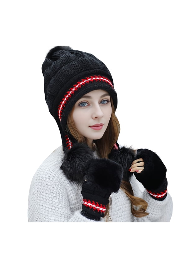 Hat for Women Winter Peruvian Cover Ears Beanie Hat Thickened Knit Lined Cold Weather Warm Pompoms Long Ear Straps Ski Snow Hats
