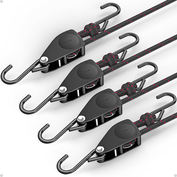 Prichor Ratchet Tie Down Straps – 1/4 Inch Adjustable Rope Hangers – 4 Pack, 12FT, 150 lbs Per Pack – Heavy Duty for Garage Cargo Trucks Tents Grow Lights – Various Lashing