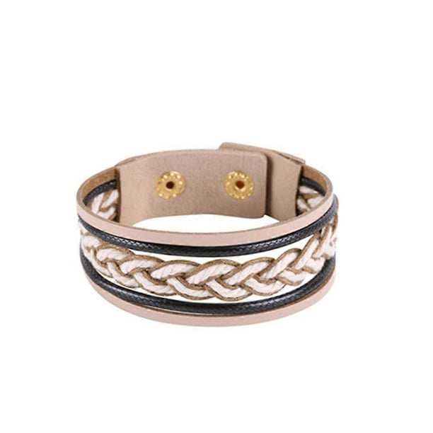 Multilayer Press Buckle Bangle Handmade Weaving Women Bracelet Jewelry Accessories Black