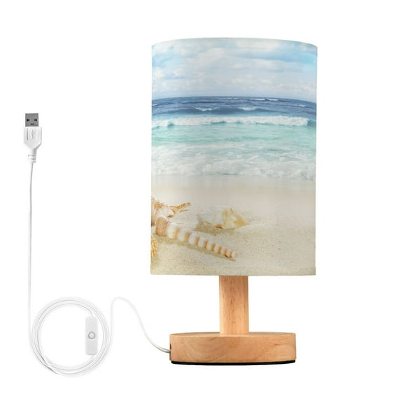 Tropical Seashells on Beach Bedside Table Lamp LED Desk Lamps with USB Charging Port Cylinder Retro Warm Lights for Bedroom Living Room Coffee Bar Decoration