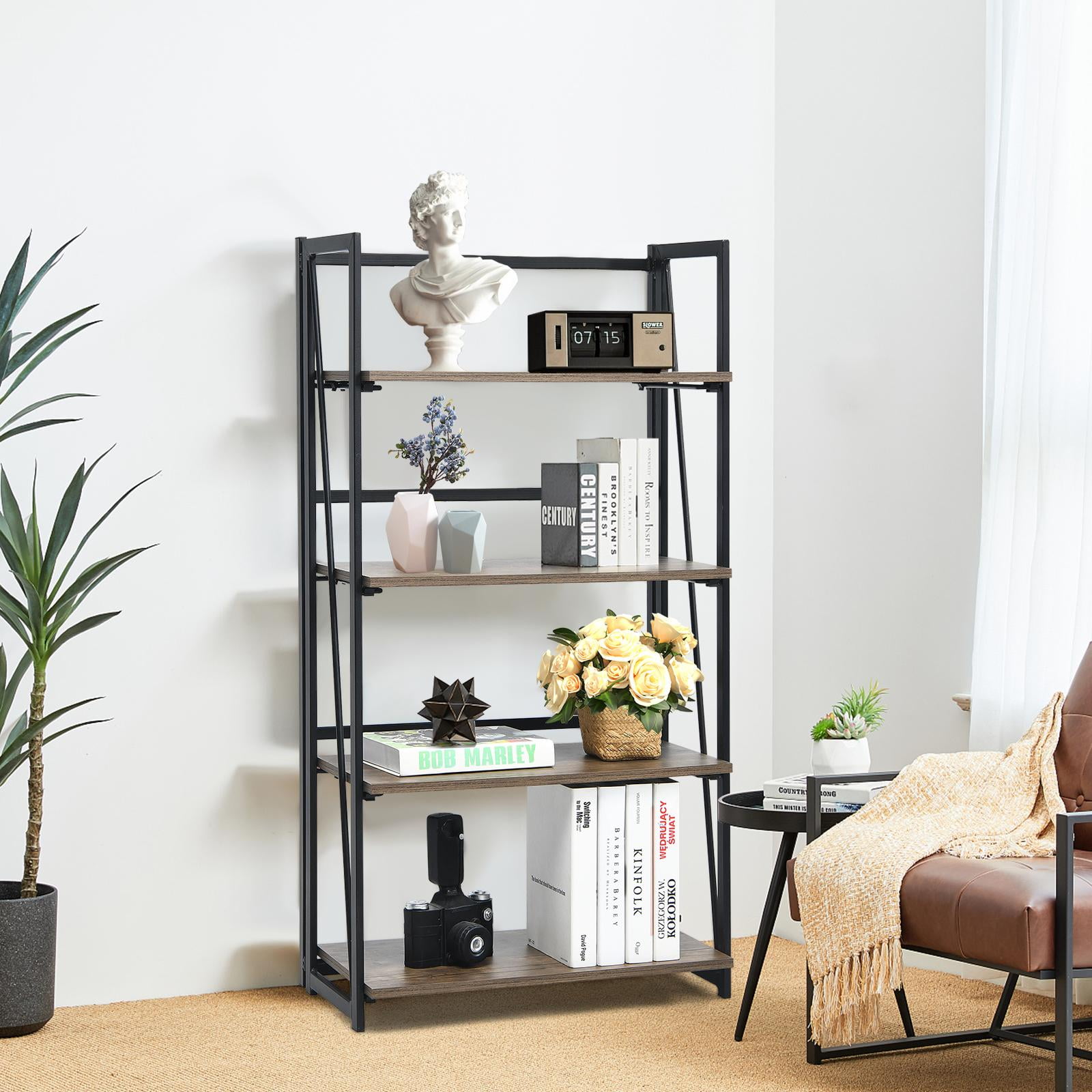 Giantex 4-Tier Folding Bookshelf, No-Assembly Industrial Bookcase, Display Rack & Freestanding Storage Shelves