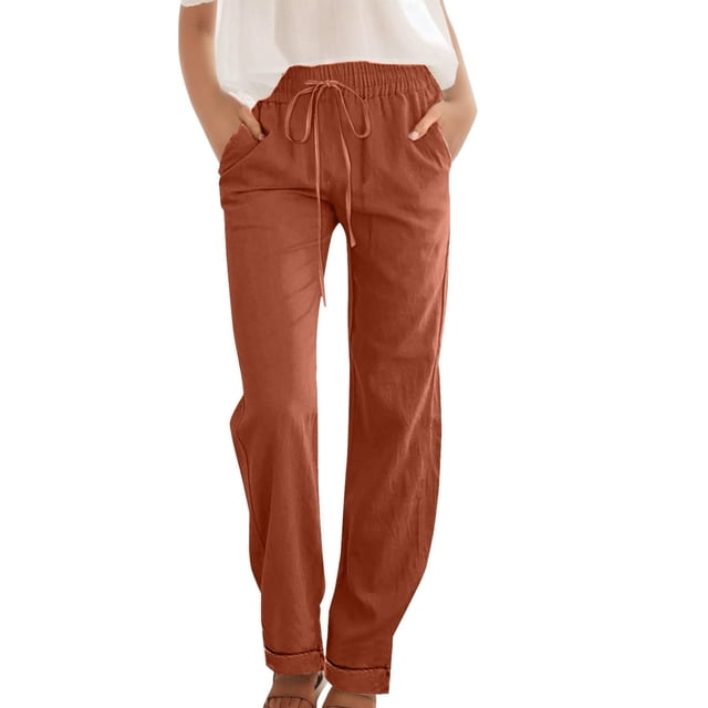 Yuyuzo Womens Cotton Linen Slacks Pants Straight Leg Drawstring High Waisted Solid Color Lounge Trousers