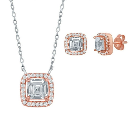 iJewelry2 Rose Gold Plated Sterling Silver Double Square CZ Necklace and Earrings Set