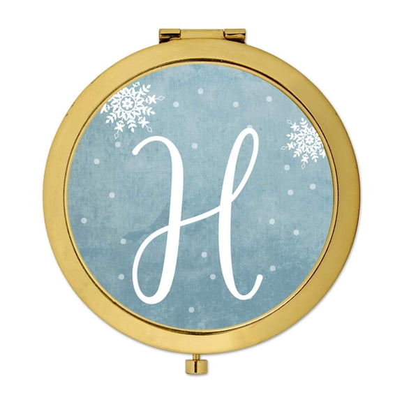 Koyal Wholesale Gold Compact Mirror Bridesmaid's Wedding Gift, Blue Winter Snowflakes, Monogram Letter H, 1-Pack